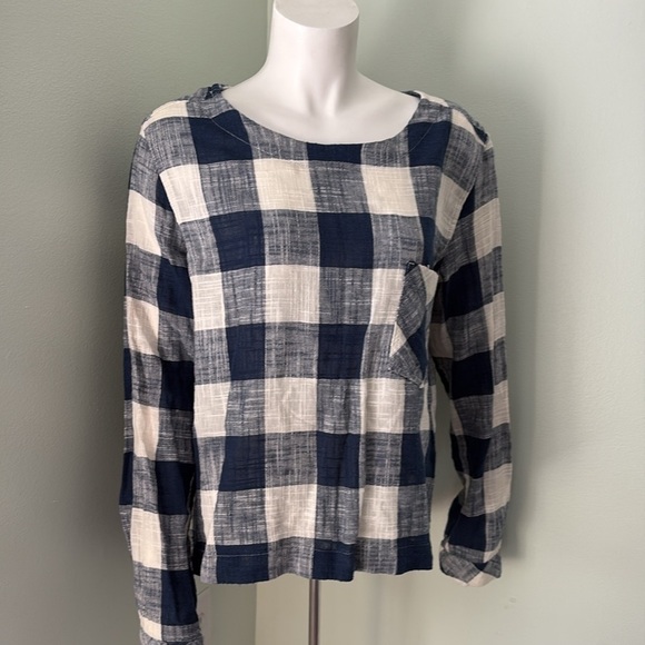 ANTHROPOLOGIE Cloth & Stone Buffalo Plaid Linen Top Button Back Large - Picture 3 of 7